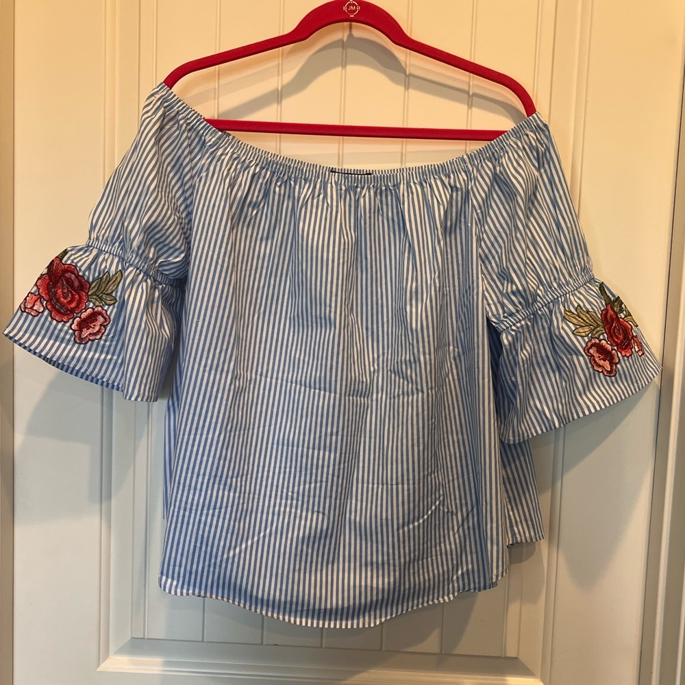 1X Off-Shoulder Top, Blue Striped with Floral Embroidery on Bell Sleeve